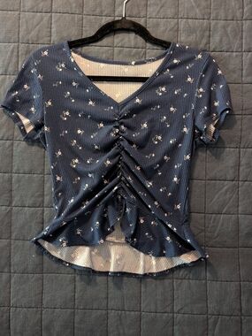Love Wins Ruched V-Neck Floral Top - Navy